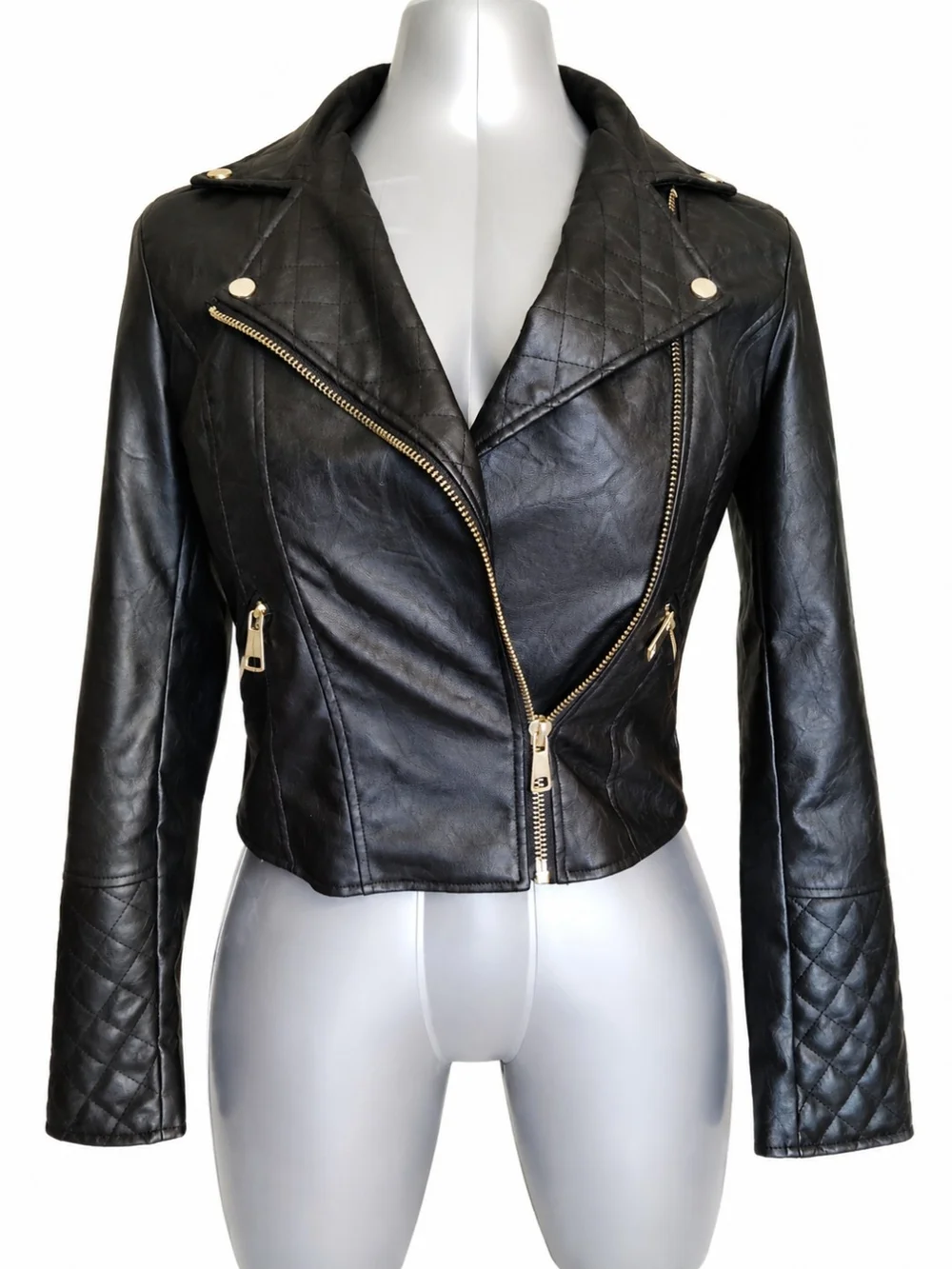 Fashion Nova Black Faux Leather Moto Quilted Jacket Medium EUC